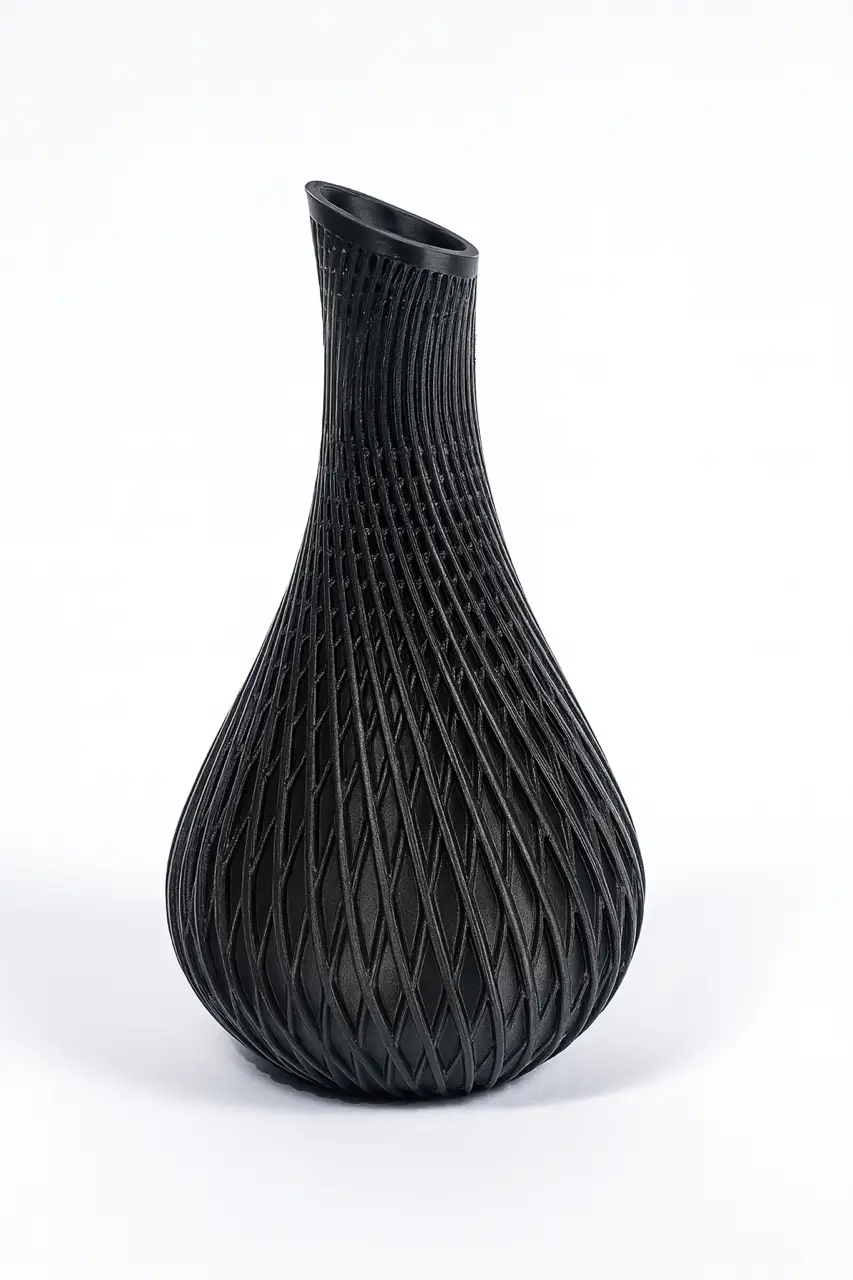 3D Nyomtatott Fekete Váza – Modern Rácsos Design