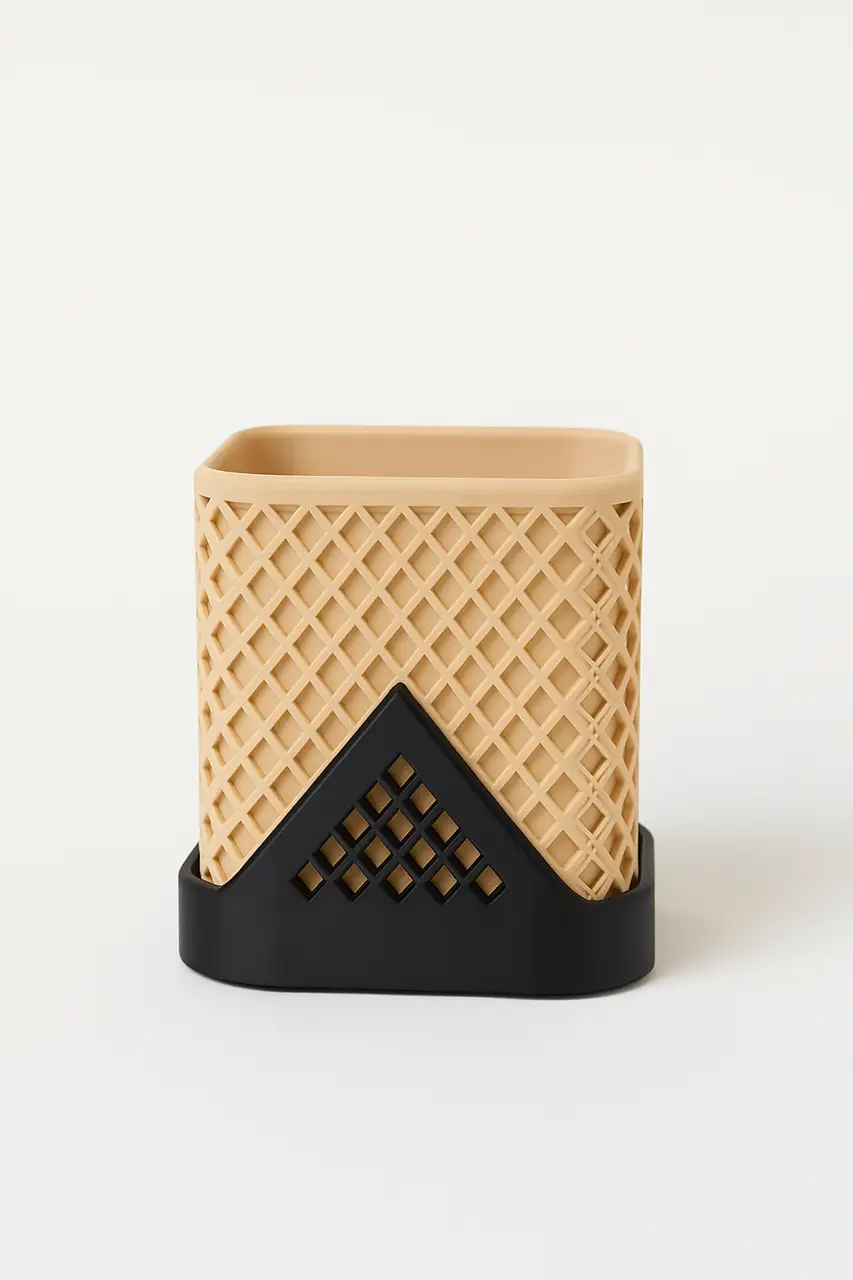 3D Nyomtatott Modern Tároló – Bézs és Fekete, Geometrikus Design