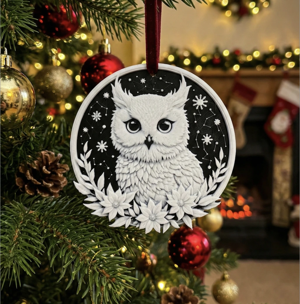 🦉✨ Téli Bagoly – 3D Nyomtatott Karácsonyfadísz