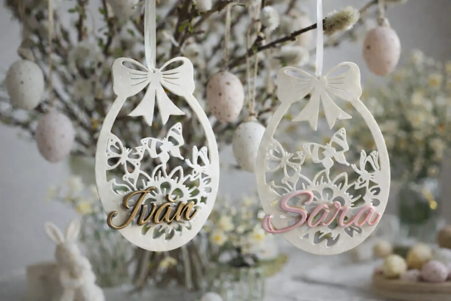 Egyedi névre szóló tojásfa dísz – prémium tavaszi dekoráció